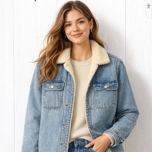 Old Navy Light Wash Denim Jacket with Cream Sherpa Collar